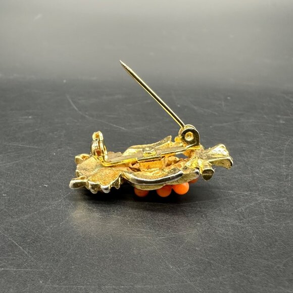 Vintage Owl Brooch Pin Orange Beads Gold Tone Whimsical Retro Jewelry Kitschy - Picture 3 of 7